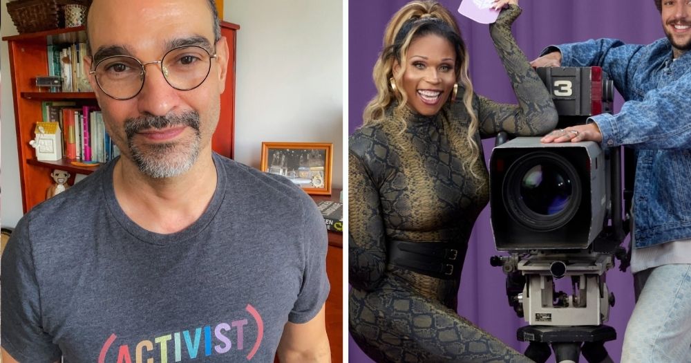 The image features celebrity activists campaigning to save HIV funding Javier Muñoz and Miss Peppermint. Javier is featured on the left, wearing glasses and a grey t-shirt with colourful wording that reads '(activist). He is wearing glasses and is pictured with a bookcase in the background. On the right is Peppermint, dressed in a leopard print dress and leaning against a studio camera, with a purple curtain in the background.