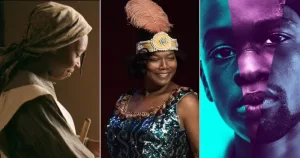 A side-by-side image of stills from three queer Black films - The Color Purple, Bessie and Moonlight.