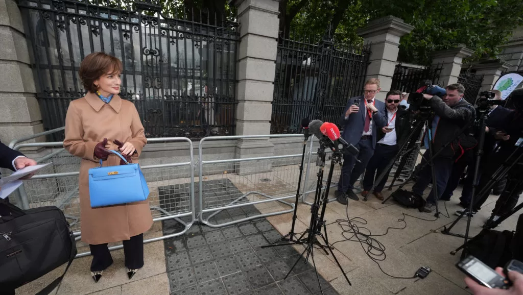 Maria Steen stands outside the Dáil holding a bright blue Hermes bag.