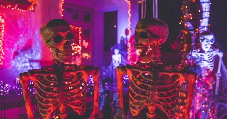 This image shows two skeletons outside a decorated house. There are red and purple lights illuminating the scene, and string lights visible in the background. The image suggests a Halloween party, as this article focuses on essential tips.