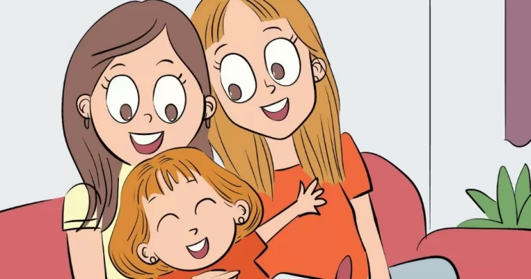 An illustration from Cork author Aisling de Barra's new picture book. The cartoon image shows two mothers with a child on a couch.