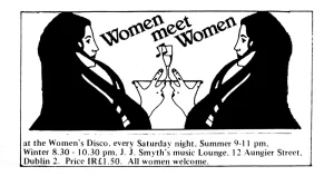 An image promoting J.J. Smyths from the 1980s. It has an illustration of two women balancing a drinks between them.
