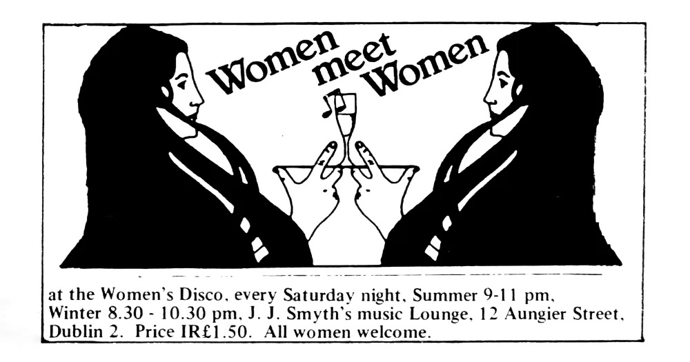 An image promoting J.J. Smyths from the 1980s. It has an illustration of two women balancing a drinks between them.