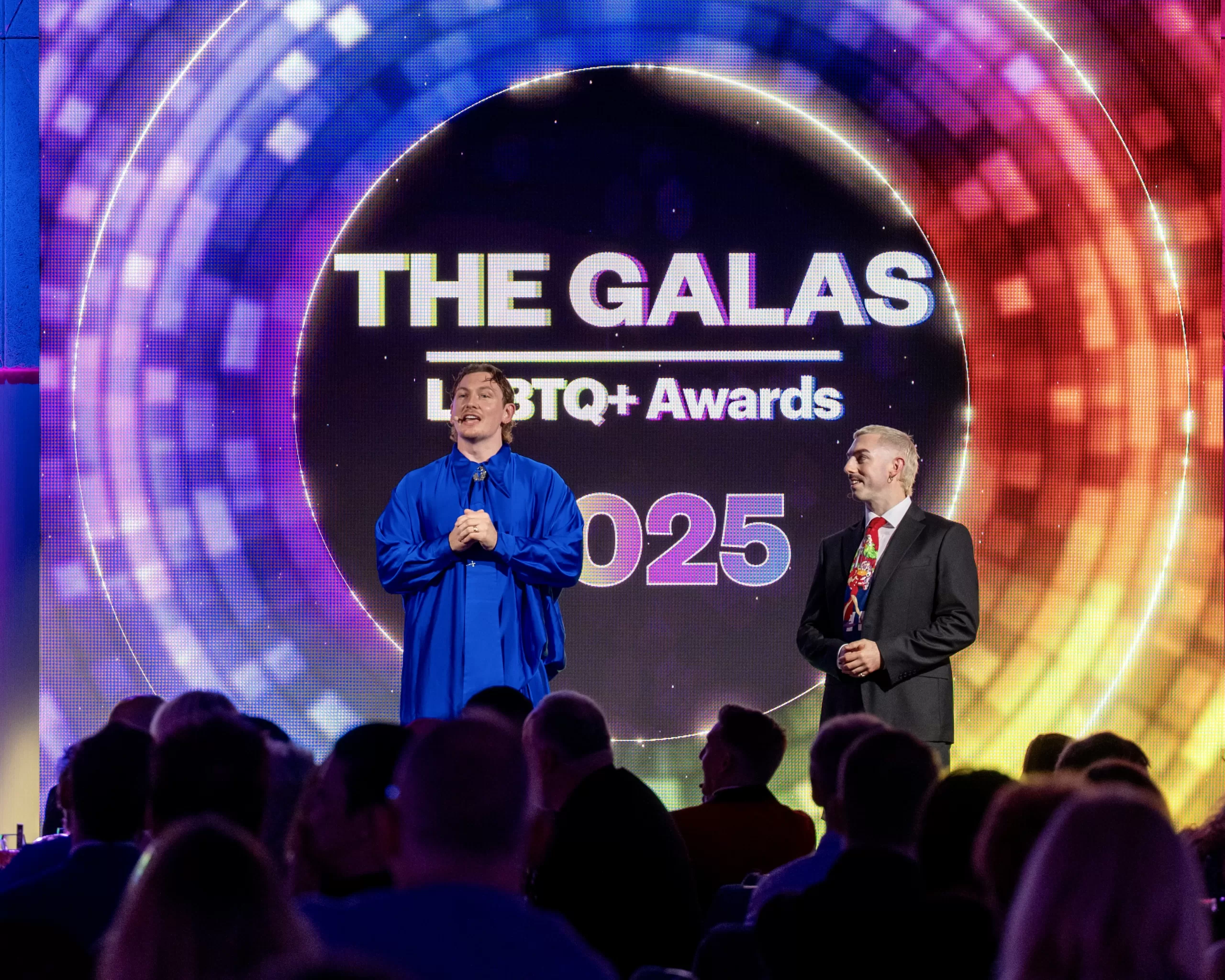 PJ Kirby and Kevin Twomey on stage for The GALAS 2025 LGBTQ+ Awards