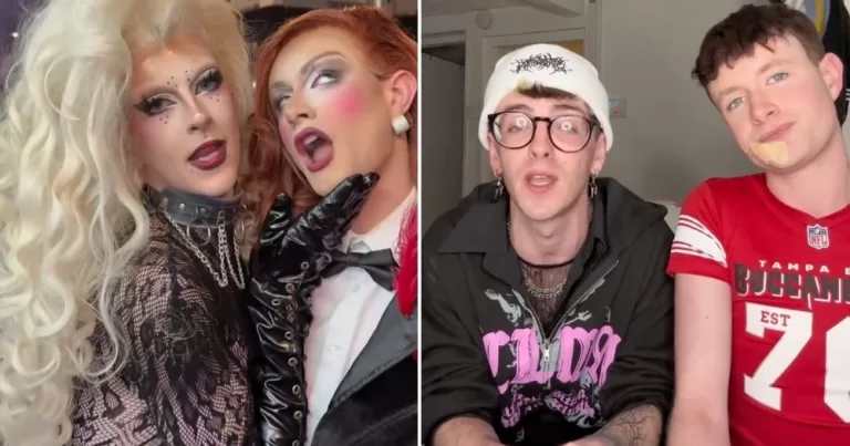 Image shows two images of drag queens Krystalqueer and Queen Lucina. In the photo on the left they are in drag and in the photo of the right they are not in drag.