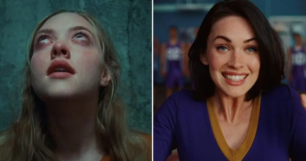 Two images. On the left in Amanda Seyfried in Jennifer's Body looking wer and creepy in a dank room. On the right is Megan Fox in Jennifer's body looking alive and cheerful in a school cafeteria.