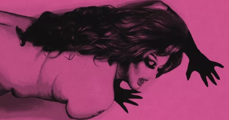 The image shows artist Lavender, from the cover of the zine. Lavender is pictured from the waist up, posed with her hands on either side of her head, wearing black gloves. The background is pink, as is her body in the image, contrasting with her black gloves, hair, and eye makeup.