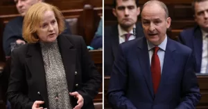 Ruth Coppinger appears on the left of this split image and Micheál Martin appear on the right. They are both standing in the Dáil chamber.