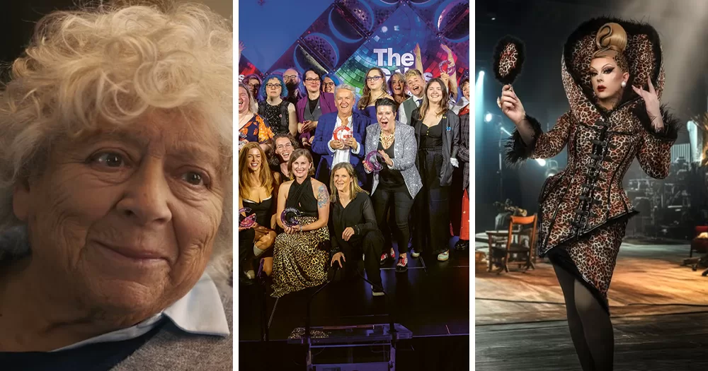 Split screen of three queer events happening in October. Left is Miriam Margolyes, middle is The GALAS, right is Bonnie Ann Clyde.
