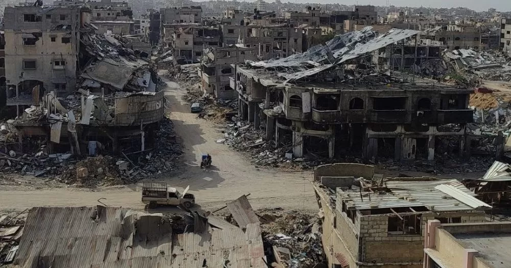 Image shows destruction in Gaza.