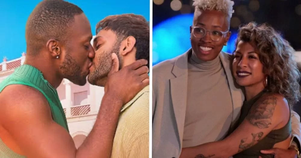 Stills of couples from two dating shows - I Kissed a Boy and The Ultimatum: Queer Love.