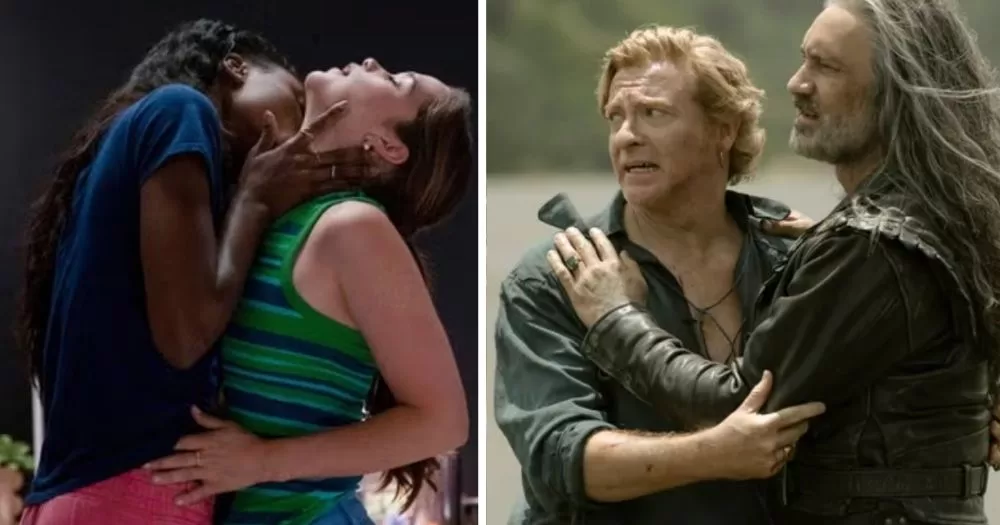 A split image of stills from two LGBTQ+ Tv series - First Kill and Our Flag Means Death.