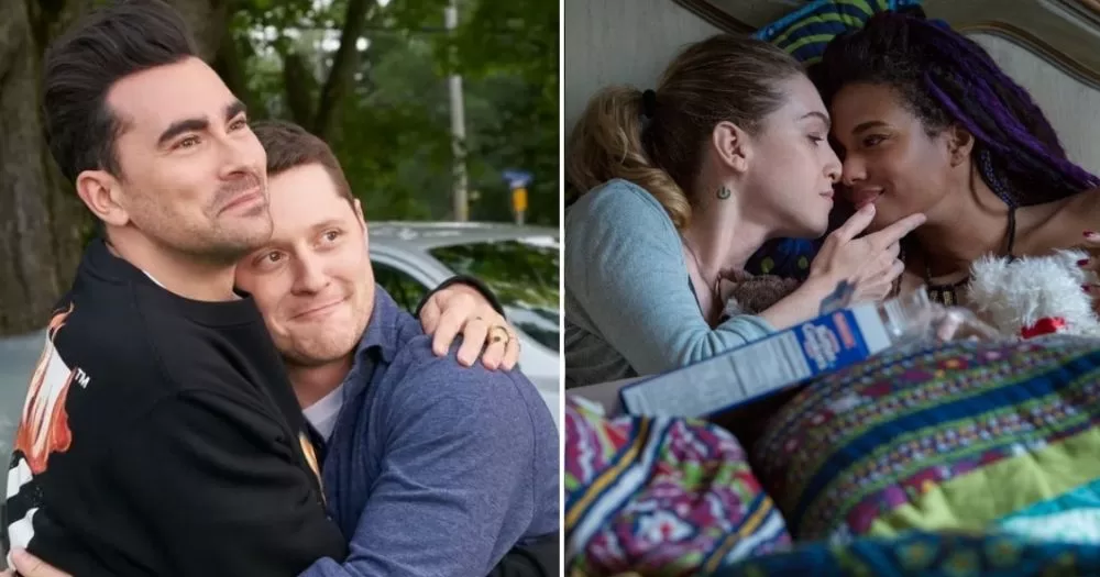 Image shows two queer couples from TV - Patrick and David from Schitt's Creek and Nomi and Amanita from Sense8