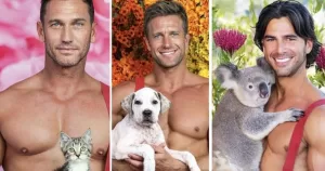 Three Australian firefighters pose with animals (a kitten, a dog and a koala) as part of the 2026 calendar.