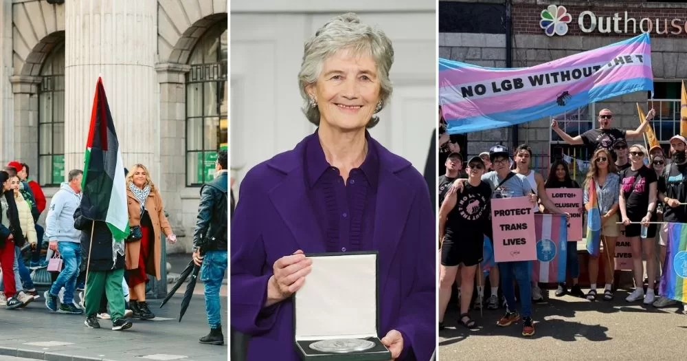 Image shows a split of three events from Ireland's LGBTQ+ news cycle in 2025- a protest in Dublin for Gaza, President Catherine Connolly and a photo from Trans Pride.