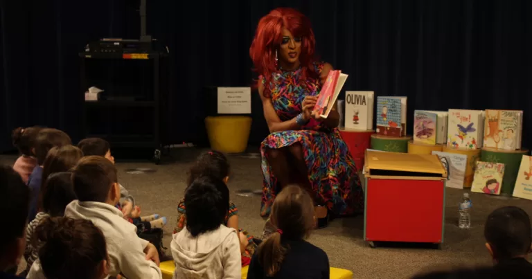 Drag queen Bardada de Barbades reads at library in Montreal for a Drag Story Hour event.