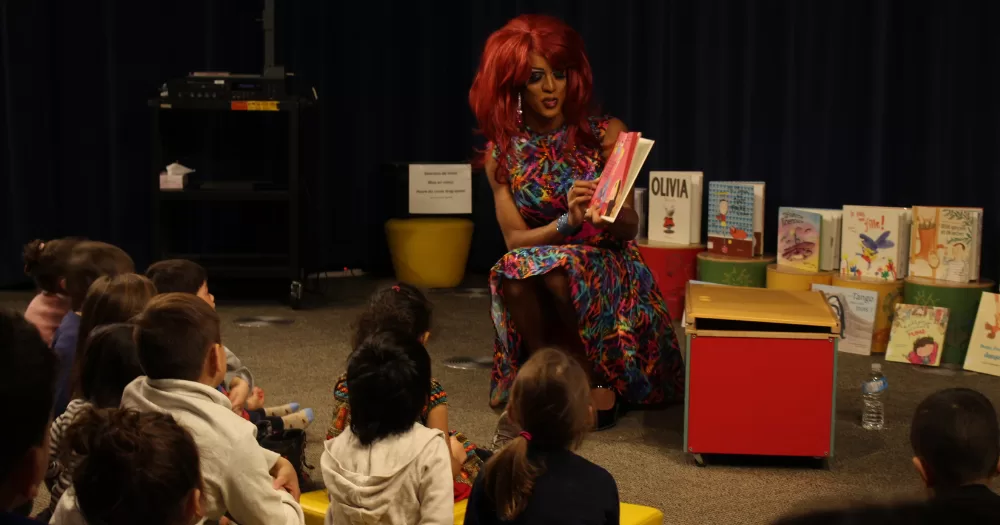 Drag queen Bardada de Barbades reads at library in Montreal for a Drag Story Hour event.