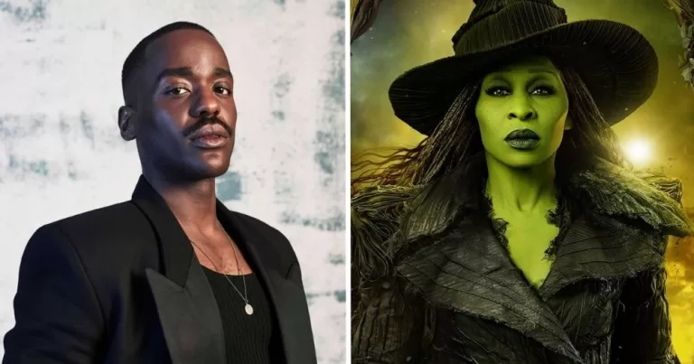 Splitscreen of Ncuti Gatwa, looking at the camera in a black suit, and Cynthia Erivo, in her Wicked costume for the role of Elphaba.