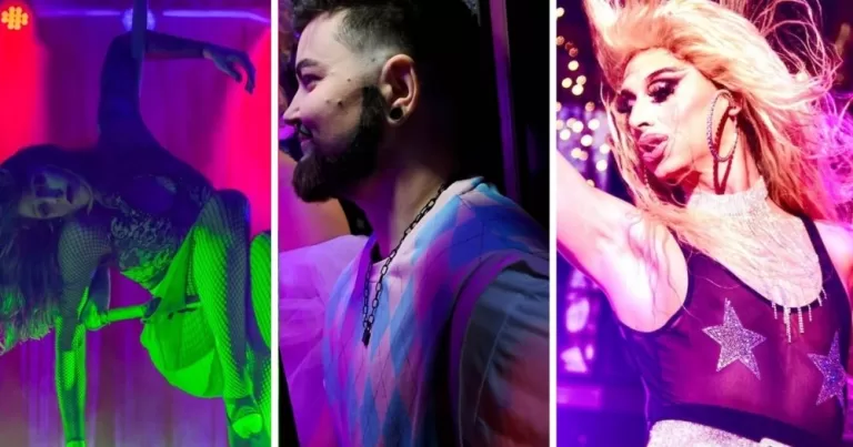 A aplit image of three Grá for Gaza performers - Hoopixie, Phil T Gorgeous and Regina George.