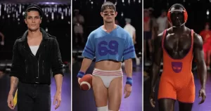 Grindr launches new fashion collection with Rainbow Wool, saving gay sheep. The image consists of three of the looks from the collection, the greaser, the jock, and the wrestler, all made from wool.