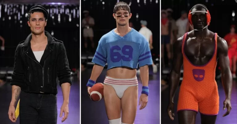 Grindr launches new fashion collection with Rainbow Wool, saving gay sheep. The image consists of three of the looks from the collection, the greaser, the jock, and the wrestler, all made from wool.