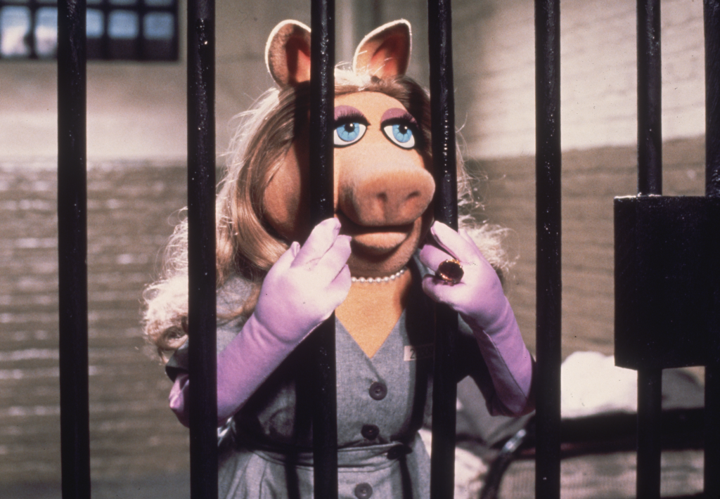 A 1981 image of Miss Piggy in a a jail cell, dressed fabulously.