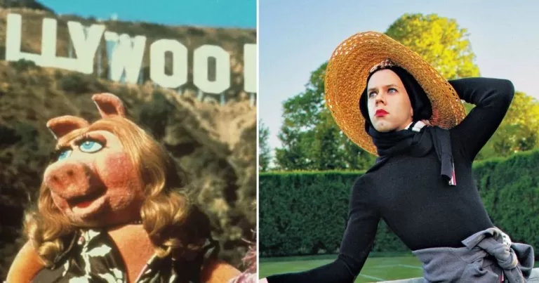 New Miss Piggy movie and Cole Escola is writing it. A split screen image, Miss Piggy on the left, Cole Escola on the right. Miss Piggy is on front of the Hollywood sign looking to the left with her blonde curls, and Cole is in a lush, preened garden wearing a straw sun hat and looking to the left.