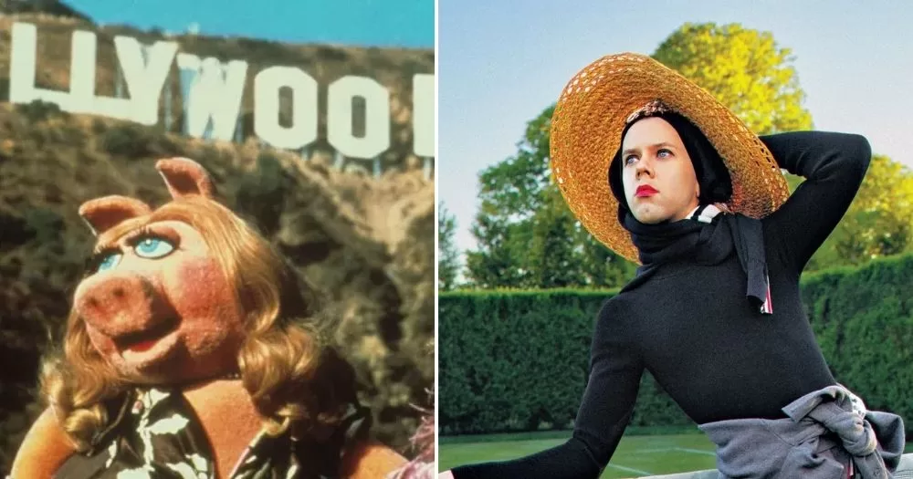 New Miss Piggy movie and Cole Escola is writing it. A split screen image, Miss Piggy on the left, Cole Escola on the right. Miss Piggy is on front of the Hollywood sign looking to the left with her blonde curls, and Cole is in a lush, preened garden wearing a straw sun hat and looking to the left.