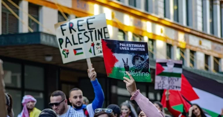 Image shows protestors holding Free Palestine signs. The image is being used to represent a story on the Occupied Territories Bill.
