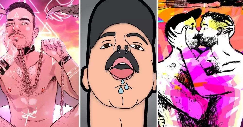 Image is a side-by-side, depicting three pieces of gay erotica. One illustration shows a man from the torso up with a collar and a chain around his neck, another shows a man's face with droplets on his chin, and the other shows two men embracing while topless.