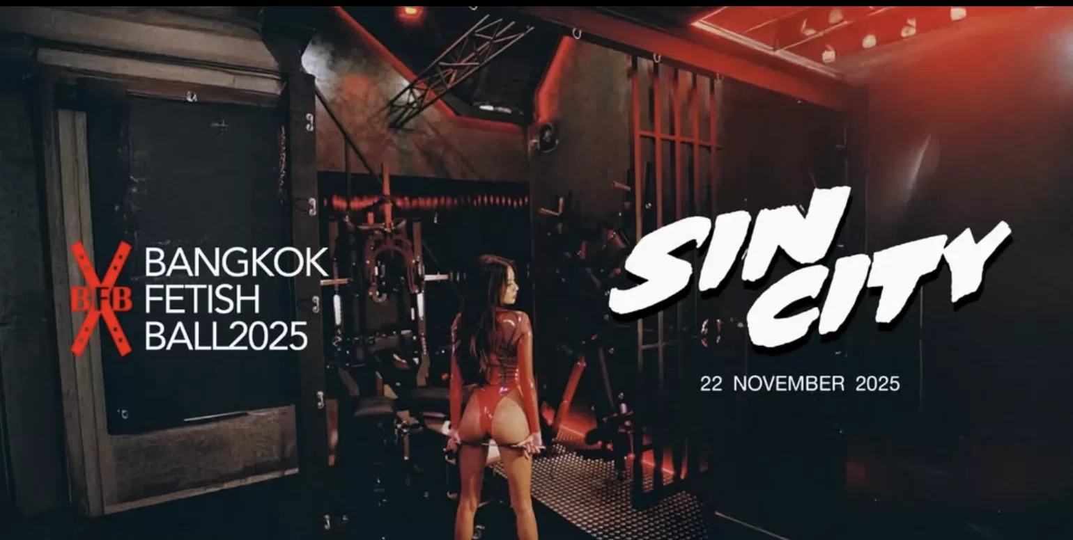 A woman in a red leather leotard stands in the foreground of a poster advertising the Bangkok Fetish Ball.