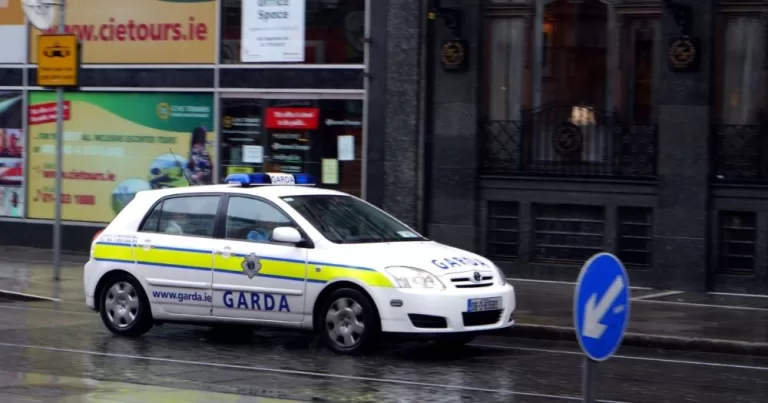 This article is about a terror attack planned on a Galway mosque. IN the photo, a Garda car driving on a street while it's raining.