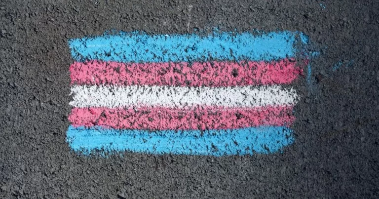 The image shows a dark grey pavement with a trans flag drawn on in chalk. The image is chosen to represent the trans toolkit launched by the nonprofit service Anne.