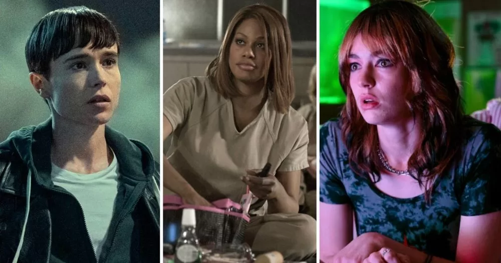 Image shows three characters from TV shows and films with trans representation. Left to right - Elliot Page in The Umbrella Academy, Laverne Cox in Orange is the New Black and Jack Haven in I Saw the TV Glow.