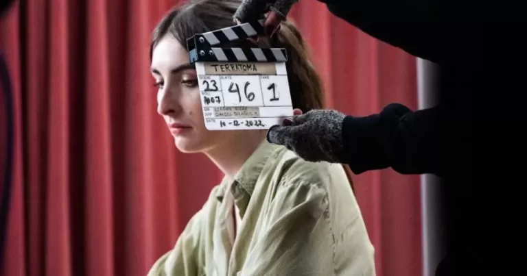 A on-set photo of Liath Hannon working on Terratoma, a project by Irish trans film-maker Liadán Roche.