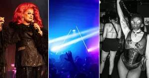 Split screen of queer events happening in December in Ireland, featuring a drag performer, a club night with people dancing, and person dressed in leather and lingerie.