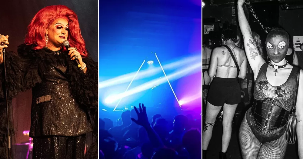 Split screen of queer events happening in December in Ireland, featuring a drag performer, a club night with people dancing, and person dressed in leather and lingerie.