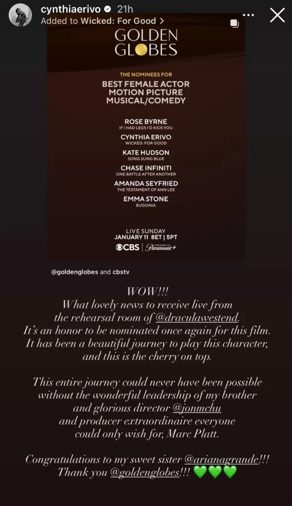 Erivo shares her appreciation for the repeat nomination at the Golden Globes, while thanking director Jon M. Chu and congratulation costar Ariana Grande.