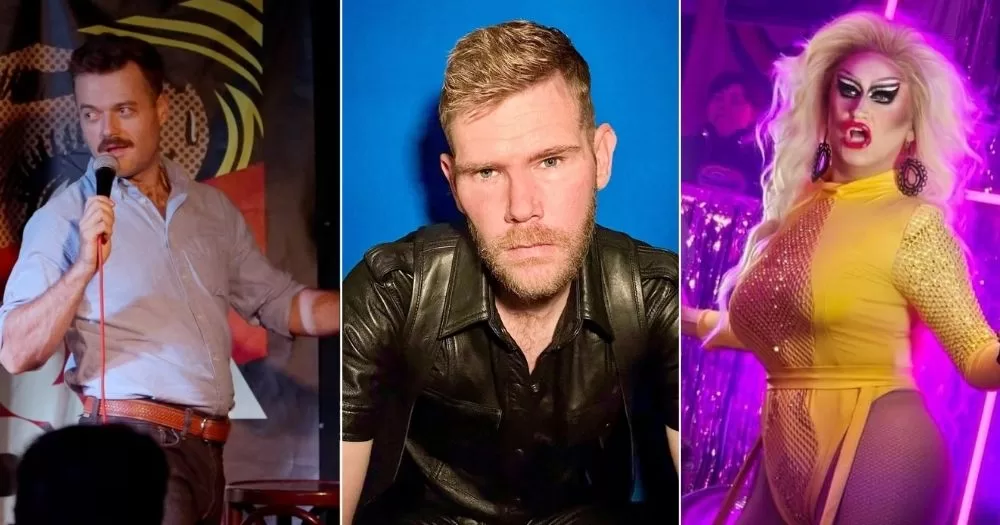 Queer event guide january. A picture from Hysteria comedy, whosthatguy, and Victoria Secret.