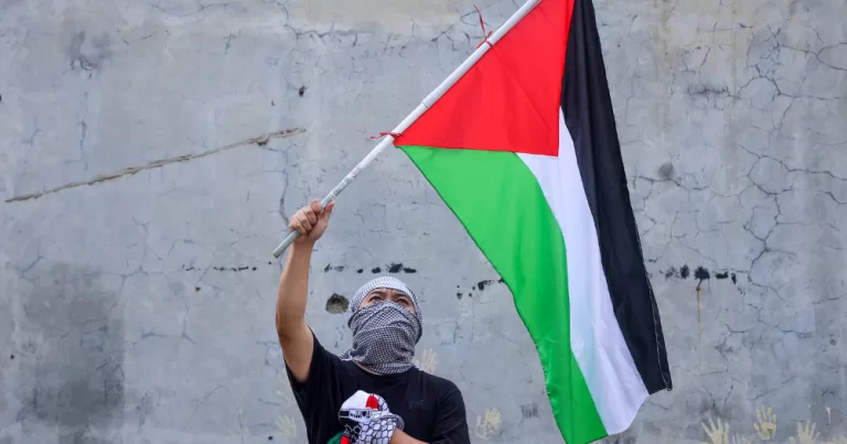 A person holding a Palestinian flag. The Freedom Theatre has announced they will perform in Ireland