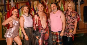 Queer band Scissor Sisters, who have been announced as headliners at the Mother Pride Block Party, posing for a picture together.