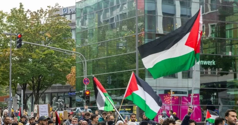 This article is about Palestine Action activists on hunger strike. In the photo, Palestine flags at a protest.