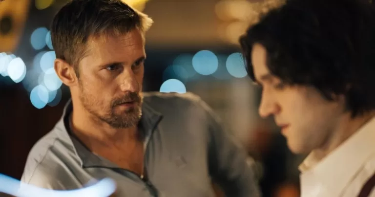 Screenshot of film Pillion, which has recently won several awards, where the two main actors are talking at a bar.