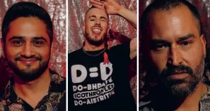 Split screen of three migrants living with HIV who were spotlighted in the film Out of Shadows.