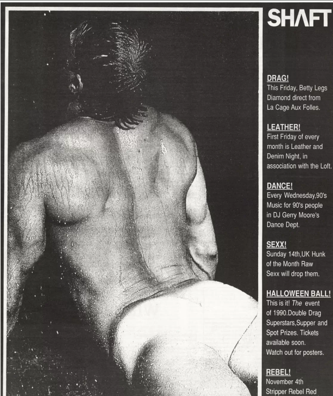 A model poses in underwear in a cobra position. On the side are advertisements for various club nights.