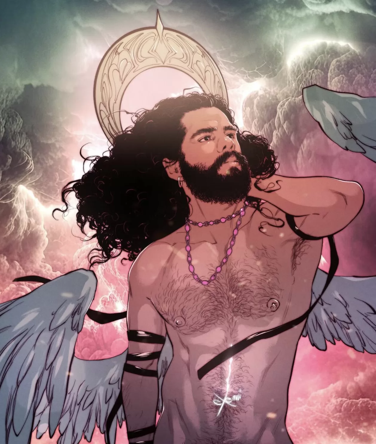 An illustration of a male angel with wings. He is topless.