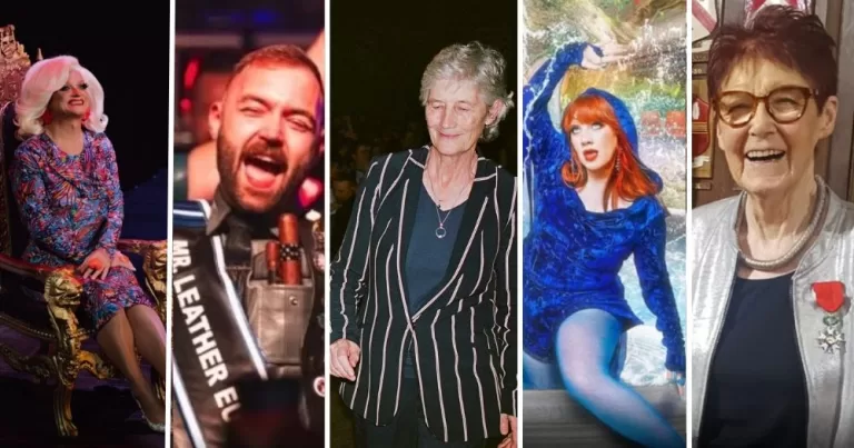 A split image of queer highlights, including Panti Bliss, Mr Leather Ireland, Catherine Connolly, CMAT and Ailbhe Smyth.