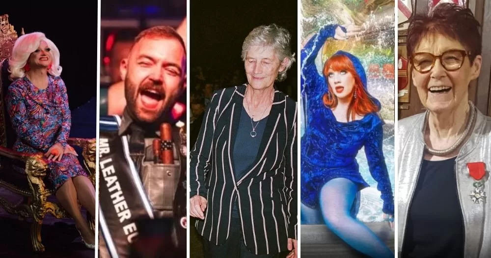A split image of queer highlights, including Panti Bliss, Mr Leather Ireland, Catherine Connolly, CMAT and Ailbhe Smyth.