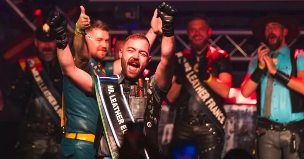 Contestants on stage at Mr Leather Europe event.