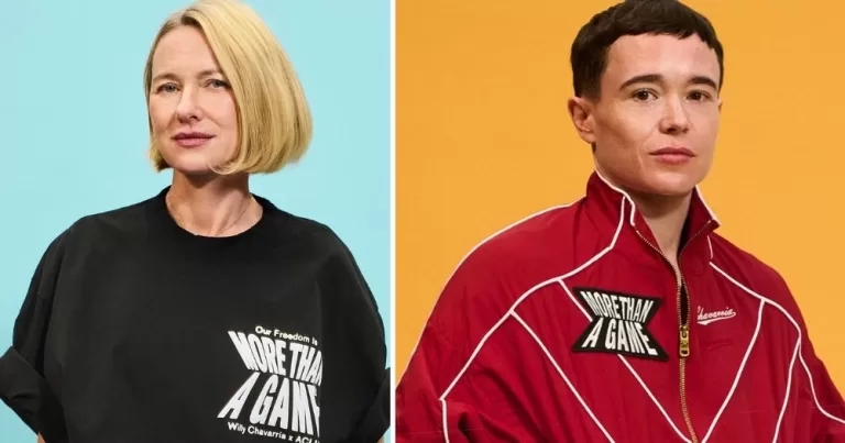 The image shows Naomi Watts on the left against a blue background and Elliot Page on the right against a yellow background. Both are wearing ACLU More Than A Game merch and looking at the camera.